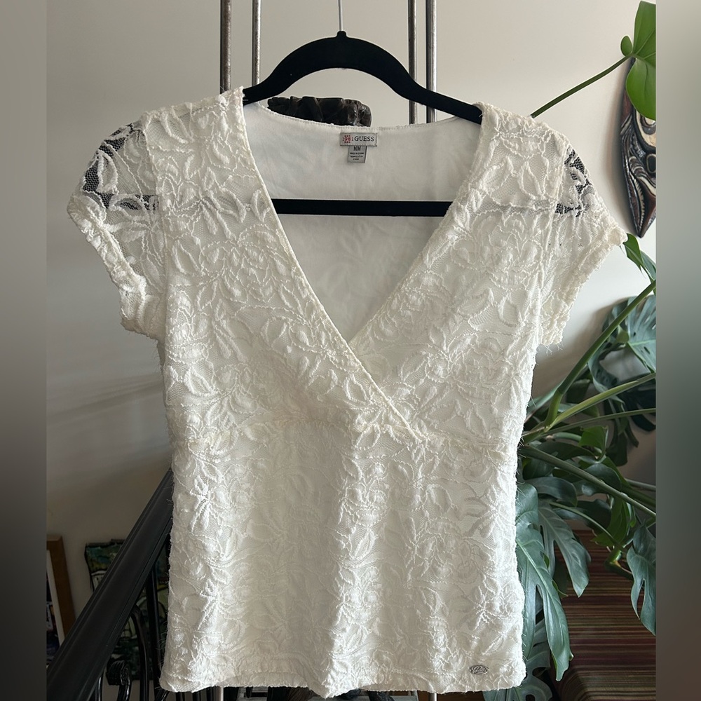 Guess Elegant White Lace Faux Wrap Top